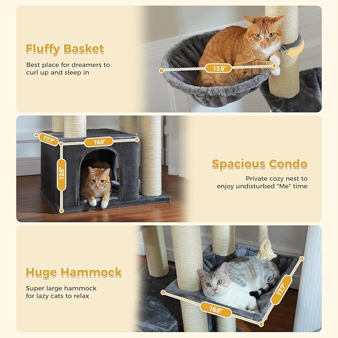 67" Heavy Duty Cat Tree for Indoor Cats Large Adult, XXL Cat Tower with 13 Thick Scratching Posts (φ4.3), Large Perch, Spacious Condo & Big Hammock - for Maine Coon up to 20 lbs, Grey