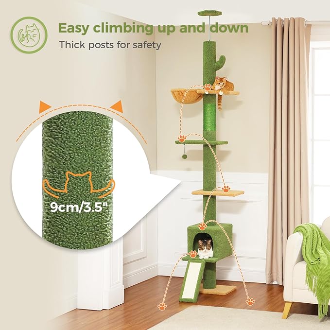 PETEPELA Floor to Ceiling Cat Tree[83"-108"], Cat Tower 5 Levels, Height Adjustable, Cat Scratching Post with Top Perches and Spacious Condo for Large Indoor Cats, Cactus Green