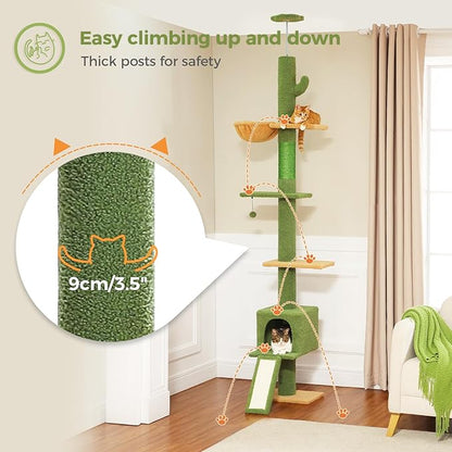 PETEPELA Floor to Ceiling Cat Tree[83"-108"], Cat Tower 5 Levels, Height Adjustable, Cat Scratching Post with Top Perches and Spacious Condo for Large Indoor Cats, Cactus Green
