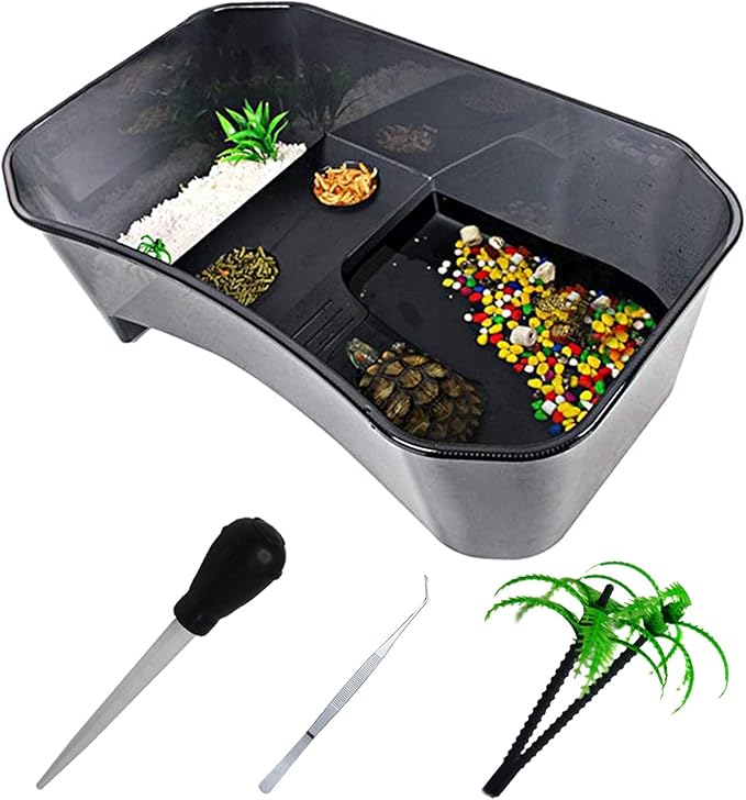 PINVNBY Plastic Turtle Tank Reptile Habitat Pet Terrariums Turtles Tank Aquarium Terrapin Topper Basking with Platform Plants,Durable,Safe, Non-Toxic(Black)