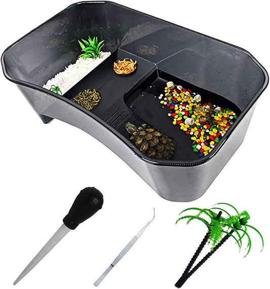 PINVNBY Plastic Turtle Tank Reptile Habitat Pet Terrariums Turtles Tank Aquarium Terrapin Topper Basking with Platform Plants,Durable,Safe, Non-Toxic(Black)