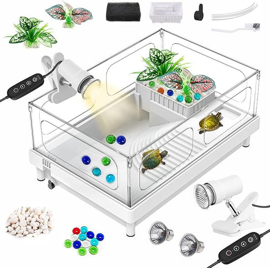 GOZILLA Small Turtle Tank with Adjustable Lamp, Acrylic Turtle Tank Starter Kit, Reptile Habitat and Terrarium with Multi-Functional Areas for Tortoise, Crab, Crayfish, Small Reptile.(Tank+Lamp)