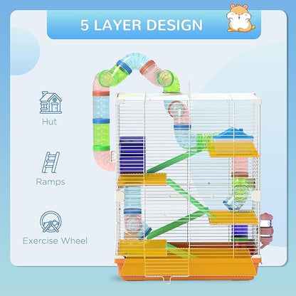 PawHut 18" 5 Tier Hamster Cage with Tubes and Tunnels, Small Animal Cage with Portable Carry Handle, Gerbil Cage with Water Bottle, Food Dish, Exercise Wheel, Orange