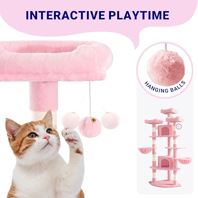 Allewie 73in Fan-Shaped Space-Saving Corner Cat Tower/Multi-Level Tall Cat Tree for Indoor Kitties/Cozy Baskets/Condos/House/Perches/Sisal Scratching Posts/Pet Activity Center/Pink