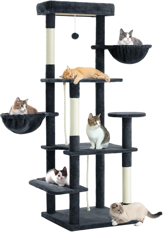 59 Inch Cat Tree Tower, Multi-Level Large Cat Tree for Indoor with Super Large Bed, Hammocks, Scratching Posts, Dangling Ball, Cat Furniture, Activity Center