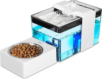 Automatic Cat Water Fountain with Food Bowl – 2.2L/74oz 2-in-1 Pet Water Dispenser & 304 Stainless Steel Bowl, Ultra-Quiet, LED Indicator, BPA-Free, Smart Shut-Off for Cats and Dogs
