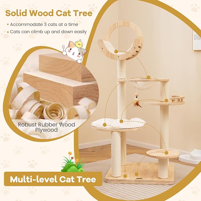 PETSITE 57 Inches Tall Wooden Cat Tree, Multi-Level Cat Tower with Scratching Posts, Space Capsule Bed, Padded Platform and Hanging Ball, Modern Transformable Cat Tree Tower for Indoor Cats Large