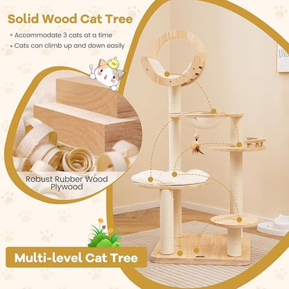 PETSITE 57 Inches Tall Wooden Cat Tree, Multi-Level Cat Tower with Scratching Posts, Space Capsule Bed, Padded Platform and Hanging Ball, Modern Transformable Cat Tree Tower for Indoor Cats Large