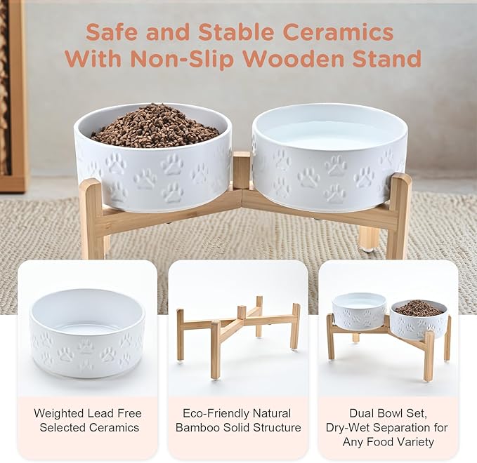 SPUNKYJUNKY Elevated Dog Bowls Ceramic, 7.3'' Dogs Food Water Bowls Raised with Non-Slip Bamboo Stand for Medium to Large Sized Breed Microwave Dishwasher Safe - 42 OZ,Paw White