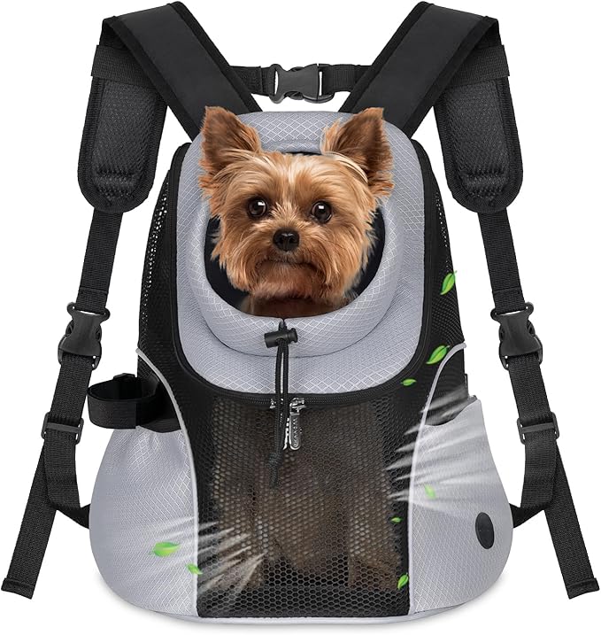 WOYYHO Pet Dog Carrier Backpack Small Dog Front Backpack Ventilated Mesh Dog Travel Back Pack with Safety Belt for Travel Hiking Cycling Outdoor Adventures (Size M: 5-9 lbs, Grey)