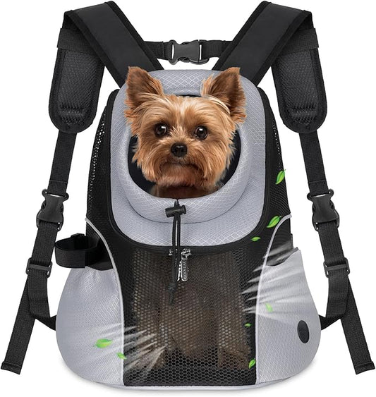WOYYHO Pet Dog Carrier Backpack Small Dog Front Backpack Ventilated Mesh Dog Travel Back Pack with Safety Belt for Travel Hiking Cycling Outdoor Adventures (Size M: 5-9 lbs, Grey)