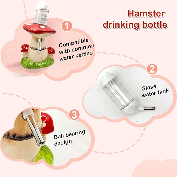Mushroom Ceramic Hamster Hideout, Water Bottle with Stand, Food Bowl, Hamster Accessories (red)