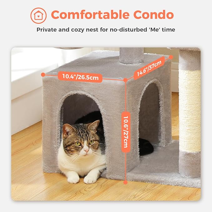Cat Tree for Indoor Cats with Metal Frame Plush Hammock, 32" Cat Tower with Cozy Condo, Top Perch, Scratching Posts, and Replaceable Ball Toy, Pet Furniture for Small Cats & Kittens, Grey