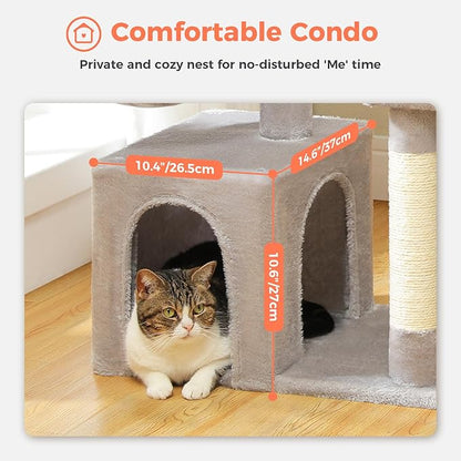 Cat Tree for Indoor Cats with Metal Frame Plush Hammock, 32" Cat Tower with Cozy Condo, Top Perch, Scratching Posts, and Replaceable Ball Toy, Pet Furniture for Small Cats & Kittens, Grey