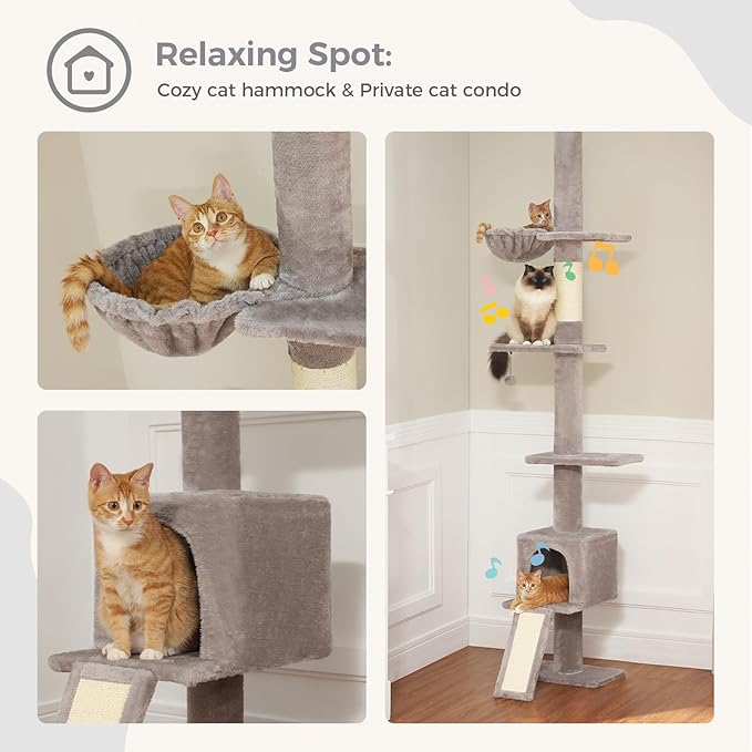 PEQULTI Cat Tree Floor to Ceiling, Tall Cat Tower, Adjustable Height (83''-108'') 5 Tiers Climbing Tree for Indoor Cats with Cat Condo, Scratching Post and Ladder, Grey
