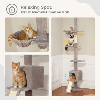 PEQULTI Cat Tree Floor to Ceiling, Tall Cat Tower, Adjustable Height (83''-108'') 5 Tiers Climbing Tree for Indoor Cats with Cat Condo, Scratching Post and Ladder, Grey