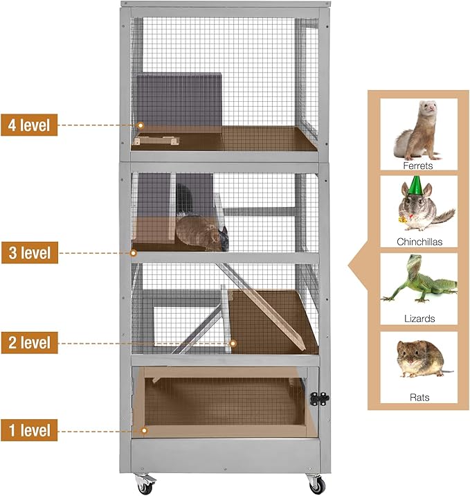 GUTINNEEN Ferret Cage Chinchilla House Large 4 Levels Critter Nation Cage Perfect for Ferret,Chinchilla, Rat, Squirrel, Lizard and Other Small Animal,Upgrade Anti-Chewing (Grey)