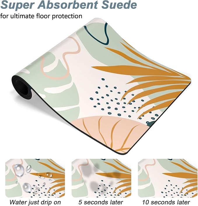 Rnivvi Dog Food Mat, 16" x 24" Boho Absorbent Dog Cat Bowl Mat for Food and Water, Cute Anti-Slip Rubber Pet Feeding Rug Protect Floors, Puppy Placemat for Feeding & Watering Supplies, Tropical Leaves