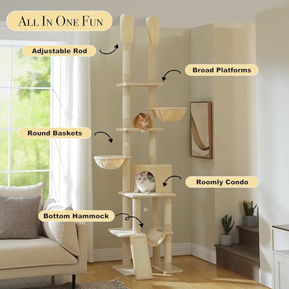 PAWZ Road Tall Cat Tree, Floor to Ceiling Cat Tower with Adjustable Height(85-112 Inches), 7 Tiers Climbing Tower with Cozy Hammocks, 5 Platforms and Scratching Posts for Indoor Cats-Beige