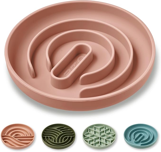 OHMO Slow Feeder Dog & Cat Bowl, Non-Slip with Suction Cup, Food-Grade Silicone, Anti-Choking & Anti-Bloat (Coral, M-Infinite, 7.3")