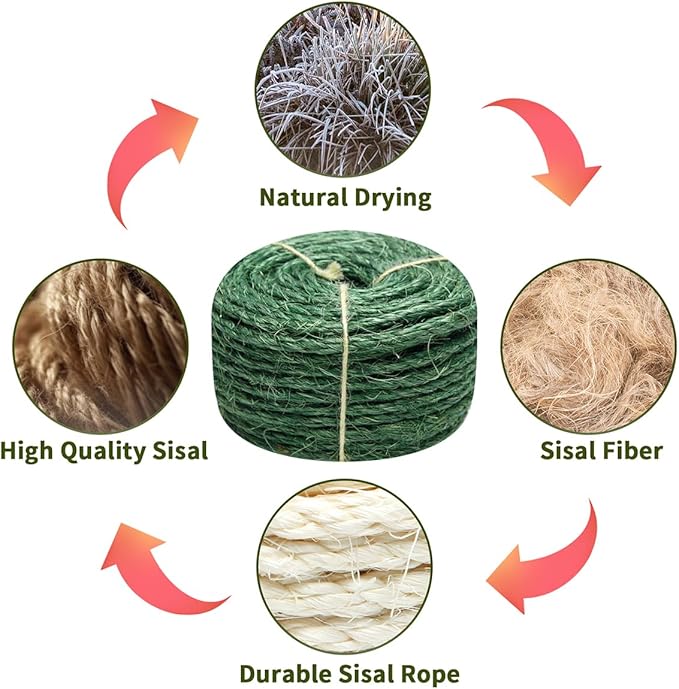 Green Sisal Rope 1/4 Inch by 164-Feet for Cat Scratching Post Tree Tower Replacement Repair and Replace, DIY Hemp Twine Rope for Kittens Shelves Furniture Window Bed Perch House Climbing, 6mm by 50m