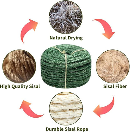 Green Sisal Rope 1/4 Inch by 164-Feet for Cat Scratching Post Tree Tower Replacement Repair and Replace, DIY Hemp Twine Rope for Kittens Shelves Furniture Window Bed Perch House Climbing, 6mm by 50m