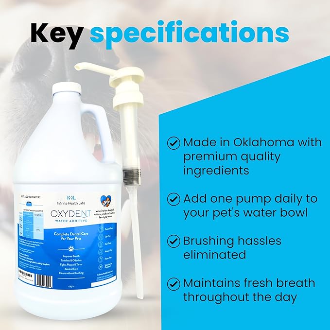 Oxydent Premium Pet Dental Care Solution - Pet Water Additive & Mouthwash for Teeth Cleaning - Eliminate Bad Dog & Cat Bad Breath - Dog Dental Rinse - Fights Tartar & Plaque - 1 Gallon