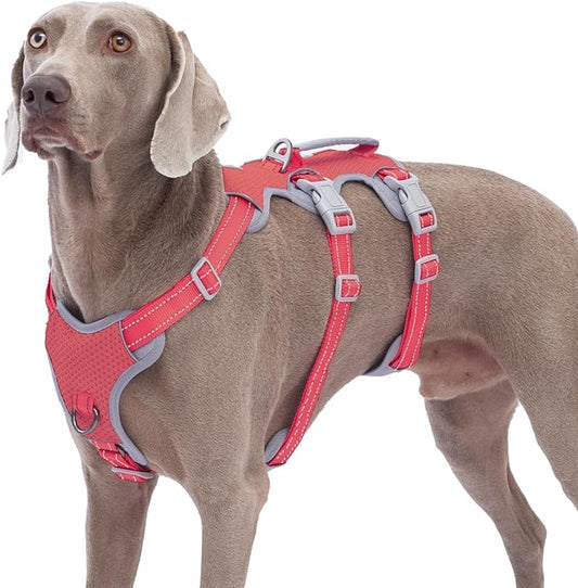 Escape Proof Dog Harness, No Pull Reflective Harness with Lift Handle, Adjustable Pet Vest with Front and Back Leash Clips for Small Medium Large Dogs Walking Hiking Training (Red,L)