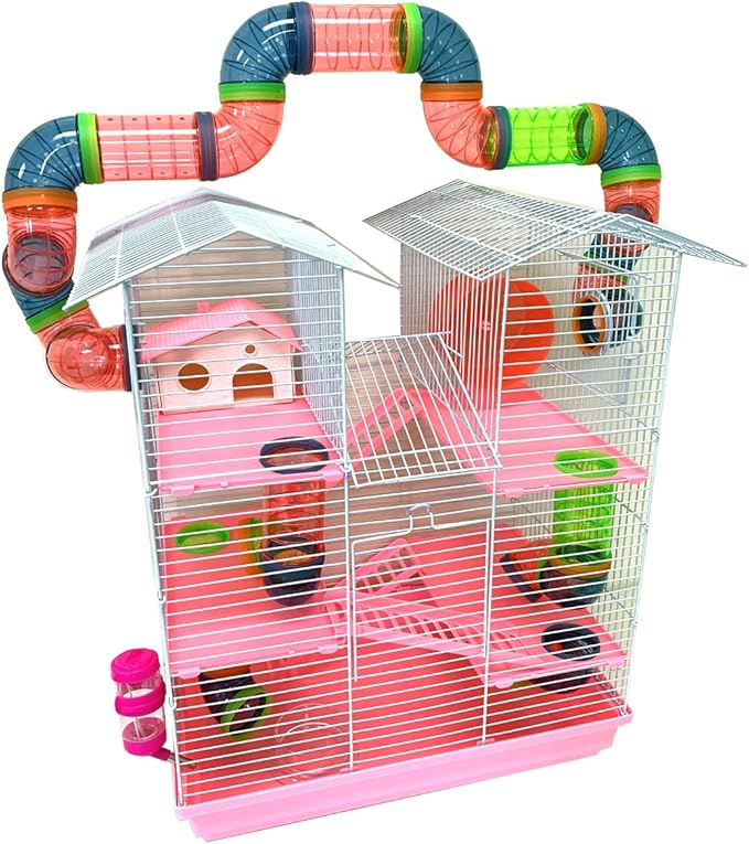 Pink Large 5-Level Large Expandable and Customizable Cross Twin Tower Tube Tunnel Habitat Hamster Rodent Gerbil Mouse Mice Rat Home Cage with Hide House Exercise Wheel Food Dish Water Bottle