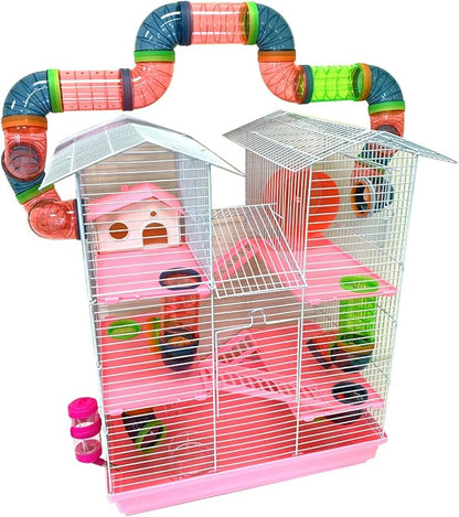 Pink Large 5-Level Large Expandable and Customizable Cross Twin Tower Tube Tunnel Habitat Hamster Rodent Gerbil Mouse Mice Rat Home Cage with Hide House Exercise Wheel Food Dish Water Bottle