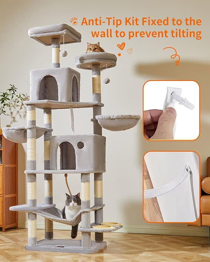 Taoqimiao 76-Inch Cat Tree Cat Tower for Indoor Cats, Plush Multi-Level Cat Condo with 12 Scratching Posts, 2 Perches, 2 Caves, Hammock, 2 Pompoms MS016W Light Gray