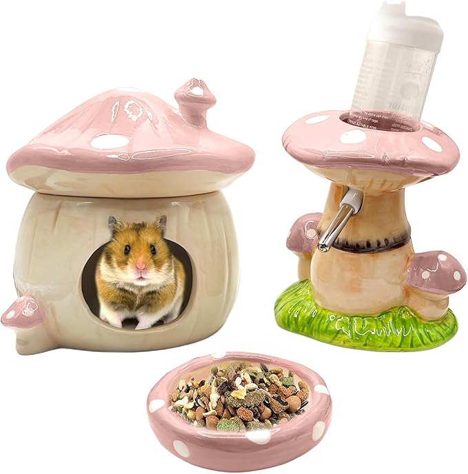 Mushroom Ceramic Hamster Hideout, Water Bottle with Stand, Food Bowl, Hamster Accessories (Pink)