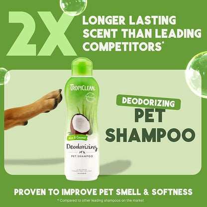 TropiClean Deodorizing Dog Shampoo for Smelly Dogs, Powerful Odor Control, Puppy Safe, Made in the USA, Aloe & Coconut Scent, Cat Friendly, 20oz.