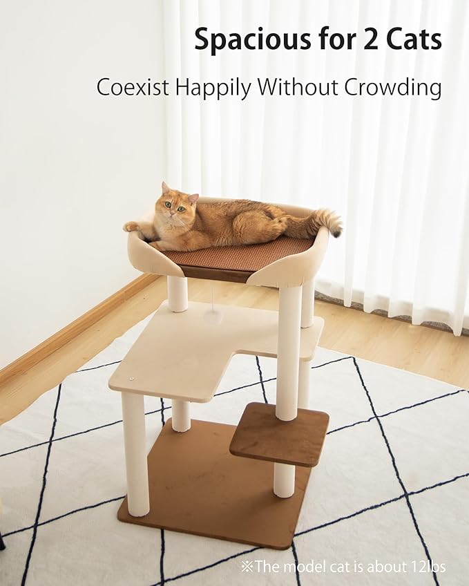 Cat Tree for Indoor Cats Large Adult, Modern Cat Tree Tower with Sisal-Covered Scratching Posts, Cozy Perches, Hammocks, and Interactive Toys for Kittens, 37.4'' Cream