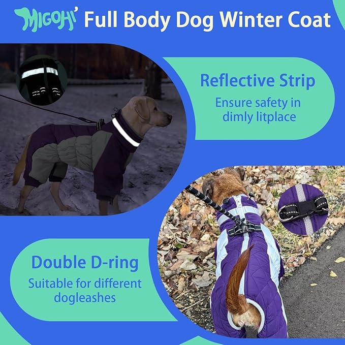 MIGOHI Full Body Dog Coat - Warm Reflective Winter Coat with Harness, Turtleneck Fleece Jacket for Small to Large Dogs - Four-Legged Snowsuit with Zipper