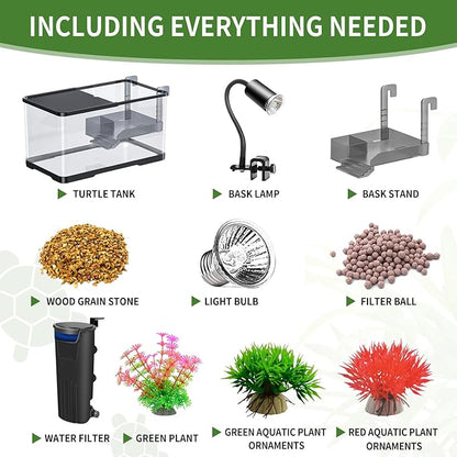 (Tank + Light + Filter + Filter Balls) Turtle Tank Kit, Turtle Tank Starter Kit,Bottom Drainage, Multi-Function Areas for Turtles, Crabs,Fishes, Amphibians,Reptiles. (21.65 × 12.28 × 12.28 Inch)