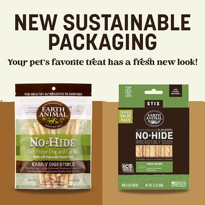 Earth Animal No-Hide Stix Pork Recipe Natural Rawhide Alternative Dog & Cat Chews - 20 Count Value Pack