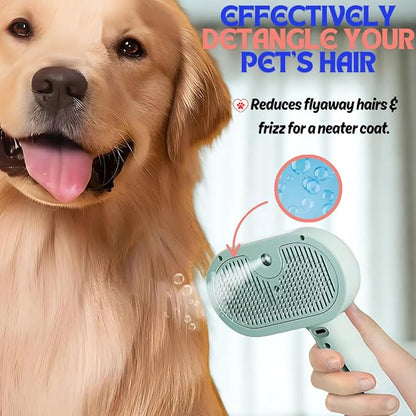Pet Steam Brush for Cats Dogs, 3-in-1 Cat Grooming Tool with Water Spray and Quick Hair Release Button, Hair Removal Comb for Shedding, Steamy Brush (Geen)