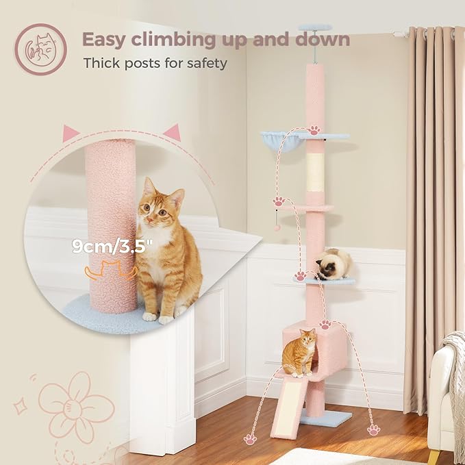 PETEPELA Floor to Ceiling Cat Tree[83"-108"], Cat Tower 5 Levels, Height Adjustable, Cat Scratching Post with Top Perches and Spacious Condo for Large Indoor Cats, Blue