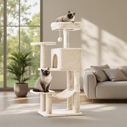 Sweetcrispy 44 inch Cat Tree Tower, Multi-Cat Climbing Tower with Condo, Natural Sisal Scratching Posts, Extended Platform, Hammock, Pet House for Indoor Cats and Kittens Play, Beige