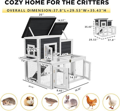 37.8" L Rabbit Hutch Outdoor,UV-Proof Home for Chickens, Ducks,Bunnies & Guinea Pigs，2-Story Pet House Indoor Bunny Hideout with Ventilation Door，Weatherproof Asphalt Roof for Garden Backyard (Grey)