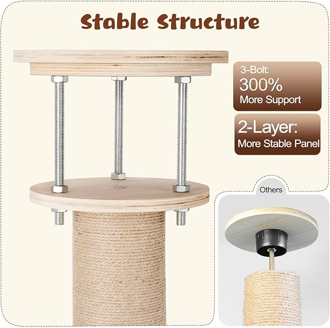 Tinnmao Solid Wood Floor to Ceiling Cat Tree, 7 Level Adjustable Height (8.8-10.2 ft) Tall, Modern Climbing Tower for Indoor Cats Large Adult with Thickened Wooden Sisal Scratching Posts & Cozy Bed