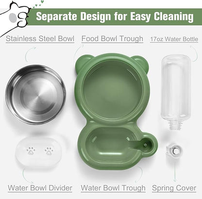 Dog Bowls, Cat Food and Water Bowl Set with Water Dispenser and Stainless Steel Bowl for Cats and Small Dogs - Green