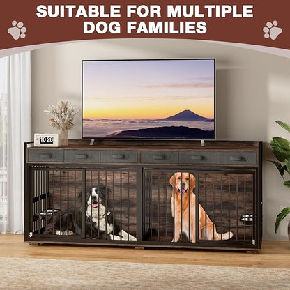 86.6" Double Dog Crate Furniture for Large Breeds,Metal Frame Heavy Duty Chew-Resistant Dog Crate Kennel for 2 Dogs with Adjustable Feeder Bowls/Removable Divider/6 Drawers,Rustic Brown