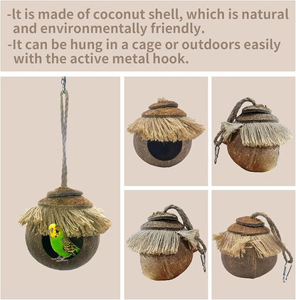 Tfwadmx Coconut Hide with Loop, Natural Coconut Fiber Hanging Birdhouse Cage, Coconut Bird Shell Breeding Nest for Parrot Parakeet Lovebird Finch Canary, Pet Cage Habitats Decor,Small Animals House