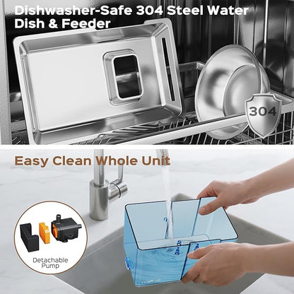 Automatic Cat Water Fountain with Food Bowl – 2.2L/74oz 2-in-1 Pet Water Dispenser & 304 Stainless Steel Bowl, Ultra-Quiet, LED Indicator, BPA-Free, Smart Shut-Off for Cats and Dogs