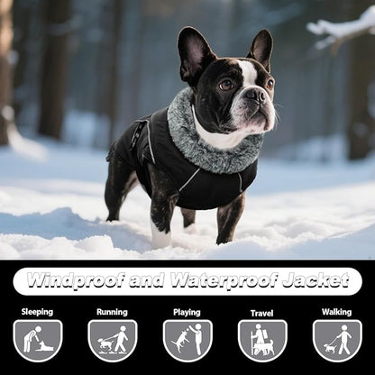 DENTRUN Small Dog Winter Warm Coat - Windproof Cozy Jacket, Thick Fleece Vest with Adjustable Belt, Water Repellent, Reflective Dog Sweater for Yorkie Dachshund Wear, Black, S