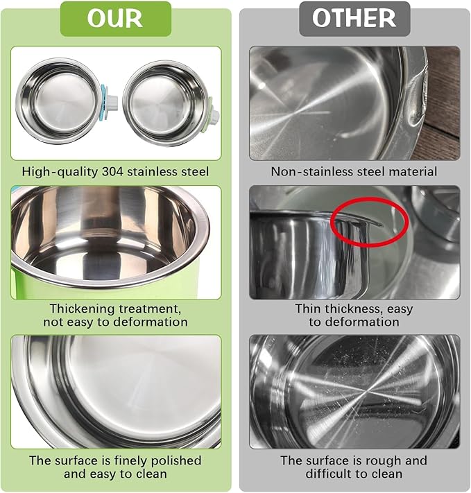 kathson Crate Dog Bowl, Removable Stainless Steel Hanging Pet Kennel Cage Bowl Food & Water Feeder Coop Cup for Puppy, Cat, Rabbit, Guinea Pigs Ferret Bird (2 PCS, Size: M, Blue and Green)