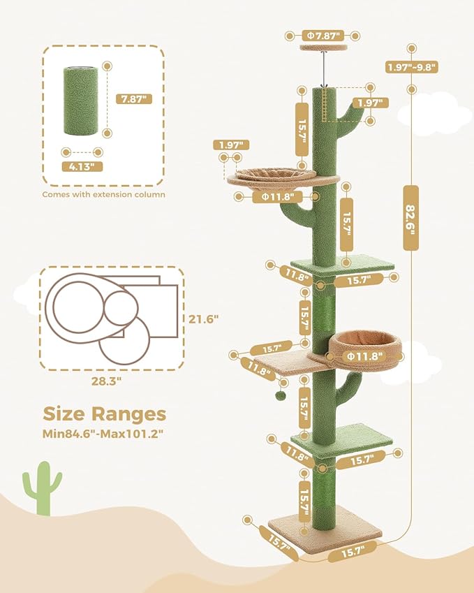 PEQULTI Floor to Ceiling Cat Tree Adjustable Height (87"-100"), 5 Levels Cactus Cat Tower with Perch&Replaceable Hammock, 4.1" Super Robust Cat Scratcher, Green