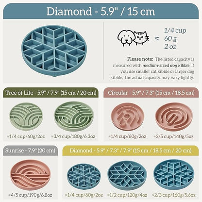 OHMO Slow Feeder Dog& Cat Bowl, Silicone Puppy Cat Food Bowl with Anti-Slip Suction Cup Slow Down Small Dogs Eating, Anti Choking (S-Diamond,Coral)